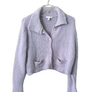 Topshop Cropped Lilac Eyelash Sweater Pockets Button-down Size 8 to 10 Collar